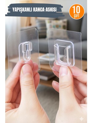 Orvila 10 Çift Şeffaf Yapışkanlı Kanca Askısı Çift Taraflı Geçmeli Klips Sabitleme Kancası