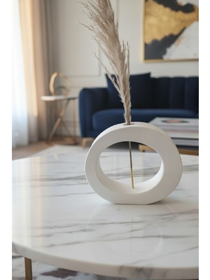 Safir Design Oval Tasarım Beyaz Vazo ve Pampas Seti - El Işçiliği Dekoratif Obje