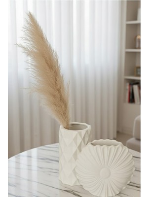 Safir Design El Yapımı Geometrik Vazo Seti - 2'li Beyaz Dekoratif Takım (Pampas Hediyeli)