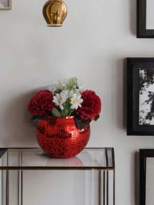 Işıltı Home Design Aynalı Cam Vazo Yuvarlak Orta  Boy Kırmızı