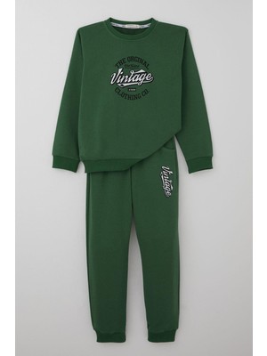Breeze Erkek Çocuk Eşofman Takımı Yazı Baskılı Bağcık Aksesuarlı 4-8 Yaş, Koyu Yeşil