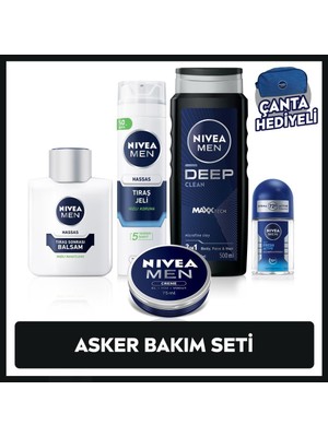 Nivea Men Erkek Asker Bakım Seti,duş Jeli, Tıraş Jeli, Balsam, Deodorant 25ML, Nemlendirici,çanta Hediye