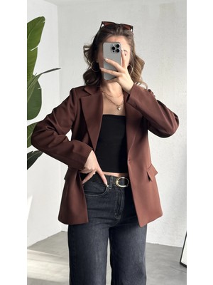Asfa Moda Kadın Kahverengi Oversize Blazer Ceket Tek Düğmeli Klasik Ofis Ceketi Şık Günlük Kumaş Ceket