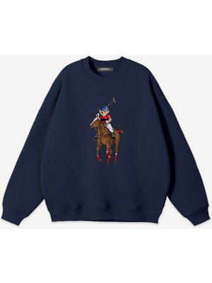 Mad&Calf Unisex Oversize Sweatshirt Lacivert Teddy Cowboy Baskılı Ekstra Yumuşak Pamuk