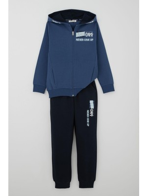 Breeze Erkek Çocuk Eşofman Takım Kapüşonlu Yazı Baskılı Cepli 8-14 Yaş, Indigo
