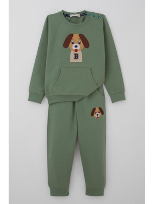 Breeze Erkek Bebek Eşofman Takımı Sevimli Köpekçik Nakışlı Kanguru Cepli 9 Ay-3 Yaş, Mint Yeşili