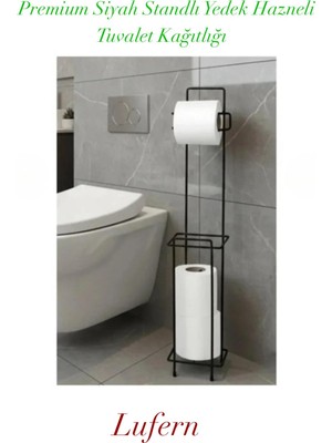 Lufern Premium Siyah Standlı Yedek Hazneli Tuvalet Kağıtlığı Banyo Modern Montajsız Uzun Ömürlü Ev Ofis