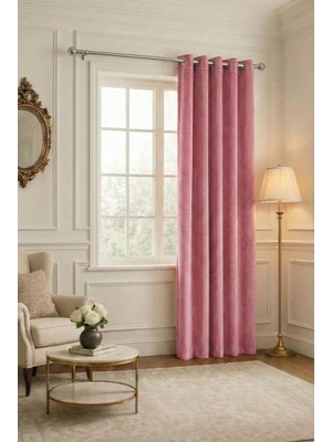 Bercem Home Kadife Dokulu Fon Perde - Pembe - Kuş Gözlü Dikim - (Rustik Için)