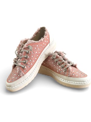 White Line Aria 2410 Kadın Taşlı Kot Sneaker Ayakkabı Pudra