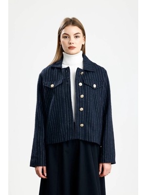Pamuklu Kaşe Çizgili Fıt Ceket Lacivert