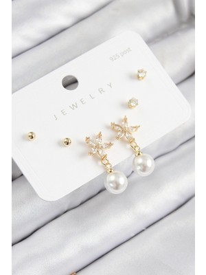 Vice Avm Pirinç Zirkon Taşlı İnci Sallantılı Çiçek Model Gümüş Renk 925 Ayar Gümüş Çivi Kadın Küpe Set - TJ-BKP11176 TG-V 10463