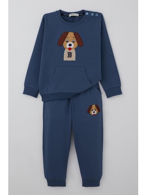 Breeze Erkek Bebek Eşofman Takımı Sevimli Köpekçik Nakışlı Kanguru Cepli 9 Ay-3 Yaş, Indigo