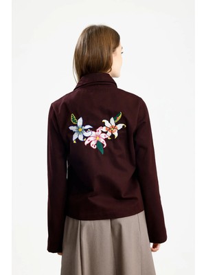Pamuklu Gabardin Nakışlı Fıt Ceket Bordo