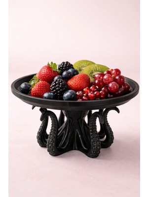 Pamuk's Design Siyah Ahtapot Figürlü Sunumluk Banyo Sabunluk, Kahvaltı Tabağı, Takı Organizeri, Mumluk 14 x 14 cm