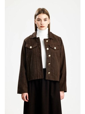 Pamuklu Kaşe Çizgili Fıt Ceket Kahve