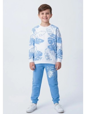 Buufuu Unisex Çocuk Yaprak Baskılı Uzun Kollu Eşofman Sweatshırt Takım