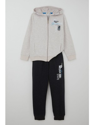 Breeze Erkek Çocuk Eşofman Takımı Kapüşonlu Fermuarlı Bağcık Aksesuarlı 8-14 Yaş, Bej Melanj