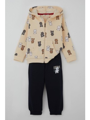 Breeze Erkek Bebek Eşofman Takımı Sevimli Renkli Ayıcık Desenli 9 Ay-3 Yaş, Krem