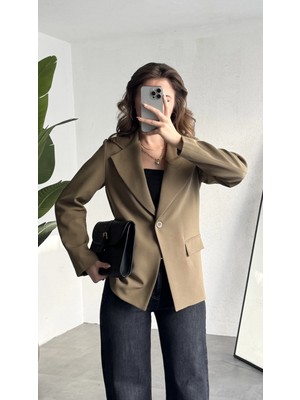 Asfa Moda Kadın Haki Oversize Blazer Ceket Tek Düğmeli Klasik Ofis Ceketi Şık Günlük Kumaş Ceket