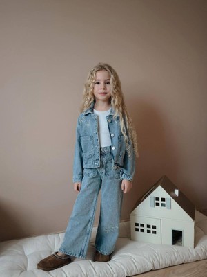 Miniko Kids Kız Çocuk Bayramlık Kot Ceketli Badili Pantolonlu 3lü Takım