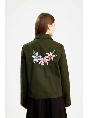 Pamuklu Gabardin Nakışlı Fıt Ceket Haki