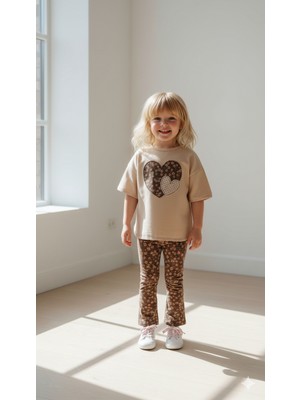 Monila Kız Çocuk Kalp Aplikeli Ispanyol Paça Taytlı Pamuklu Altüst Takım