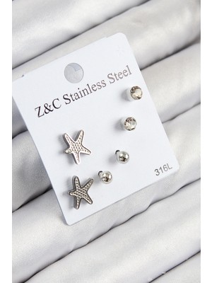 Vice Avm 316L Çelik Zirkon Taşlı Deniz Yıldızı Model Gümüş Renk Kadın Set Küpe - TJ-BKP11119 TG-V 10429