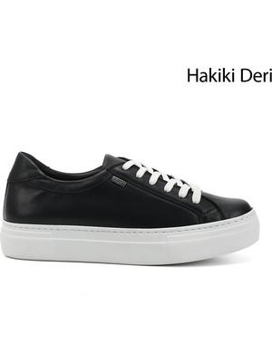 GÖNDERİ Kadın Lacivert  Bağcıklı Dolgu Taban Hakiki Deri Sneaker