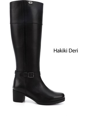 GÖNDERİ Kadın Siyah  Fermuarlı Kalın Topuklu Hakiki Deri Çizme