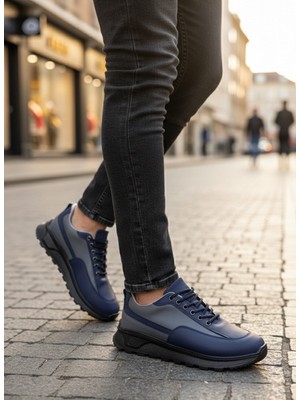 Ebrus Trend ET0246 Lacivert Gri Parçalı Bağcıklı Yüksek Taban Günlük Erkek Ayakkabı