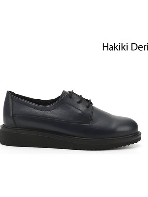 GÖNDERİ Kadın Lacivert  Bağcıklı Dolgu Taban Hakiki Deri Ayakkabı