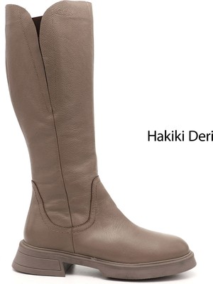 GÖNDERİ Kadın Vizon Flotter  Fermuarlı Kalın Topuklu Hakiki Deri Çizme