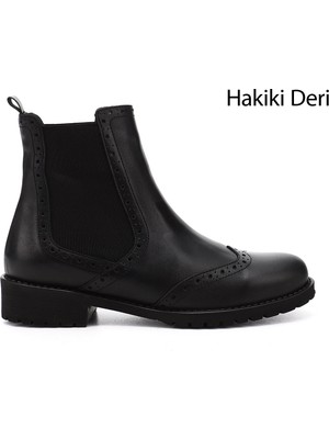 GÖNDERİ Kadın Siyah  Kauçuk Taban Hakiki Deri Chelsea Bot