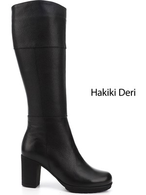 GÖNDERİ Kadın Siyah Floter  Fermuarlı Kalın Topuklu Hakiki Deri Çizme
