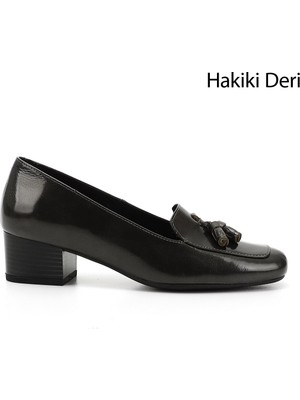 GÖNDERİ Kadın Gri - Antrasit  Küt Burun Kısa Kalın Topuklu Hakiki Deri Ayakkabı