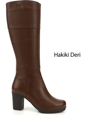 GÖNDERİ Kadın Kahve  Fermuarlı Kalın Topuklu Hakiki Deri Çizme
