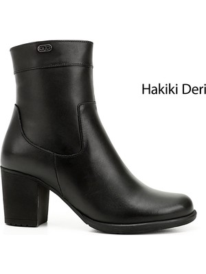 GÖNDERİ Kadın Siyah  Fermuarlı Kalın Topuklu Hakiki Deri Bot