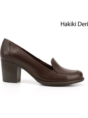 GÖNDERİ Kadın Kahve Antik  Orta Kalın Topuklu Hakiki Deri Ayakkabı