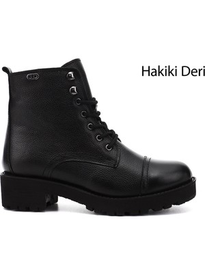 GÖNDERİ Kadın Siyah Floter  Fermuarlı Kauçuk Taban Hakiki Deri Postal Bot