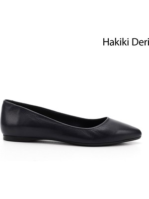 GÖNDERİ Kadın Lacivert  Sivri Burun Düz Taban Hakiki Deri Babet