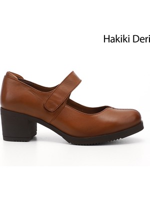 GÖNDERİ Kadın Taba Antik  Kalın Topuklu Mary Jane Hakiki Deri Ayakkabı