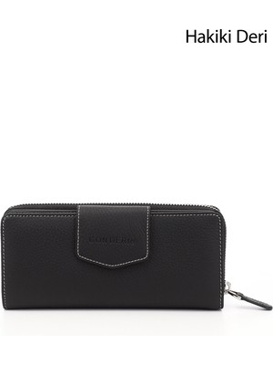 GÖNDERİ Siyah Deri  Gön Hakiki Deri Kadın Cüzdan 06909