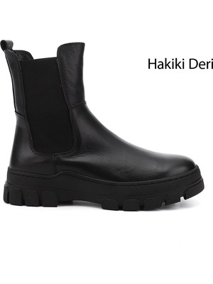 GÖNDERİ Kadın Siyah Floter  Kauçuk Taban Hakiki Deri Chelsea Bot
