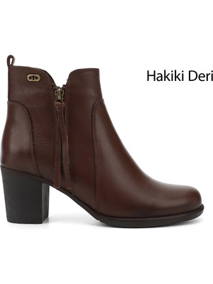 GÖNDERİ Kadın Kahve  Fermuarlı Kalın Topuklu Hakiki Deri Bot