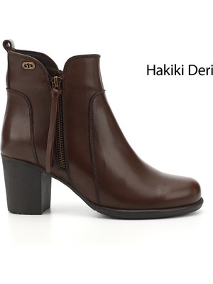GÖNDERİ Kadın Kahve Antik  Fermuarlı Kalın Topuklu Hakiki Deri Bot