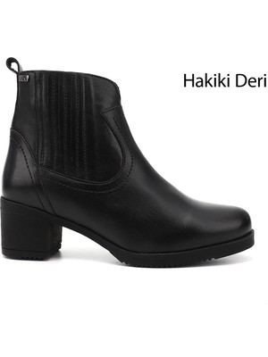 GÖNDERİ Kadın Siyah  Fermuarlı Kalın Topuklu Hakiki Deri Bot