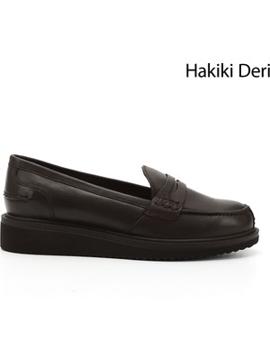 GÖNDERİ Kadın Kahve Antik  Dolgu Taban Hakiki Deri Loafer Ayakkabı