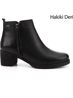 GÖNDERİ Kadın Siyah  Fermuarlı Kalın Topuklu Hakiki Deri Bot