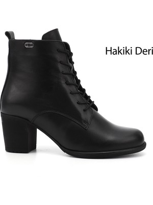 Gönderi® Kadın Siyah Fermuarlı Kalın Topuklu Hakiki Deri Postal Bot