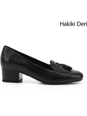GÖNDERİ Kadın Siyah  Küt Burun Kısa Kalın Topuklu Hakiki Deri Ayakkabı